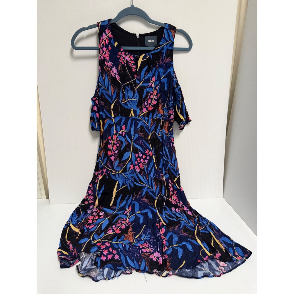 Maeve Anthropologie Floral Cold Shoulder Mini Dress Navy Blue Pink Size 4